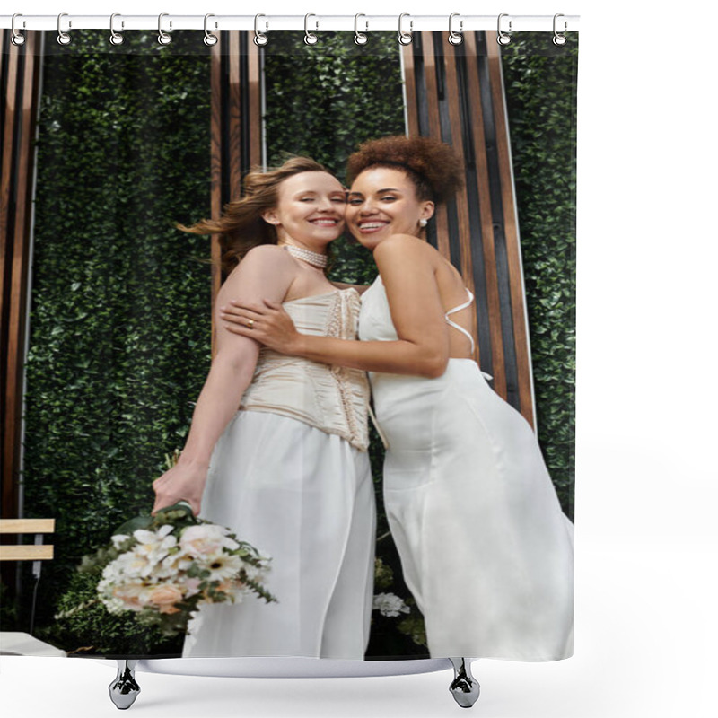 Personality  Two Brides Embrace On Their Wedding Day, A Joyful Moment Captured In Front Of A Lush Green Wall. Shower Curtains