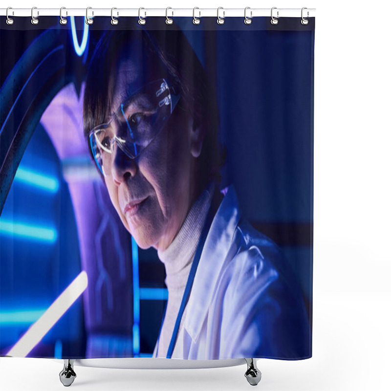 Personality  Portrait Of Middle Aged Woman Scientist In Goggles In Science Center, Forward-thinking Shower Curtains