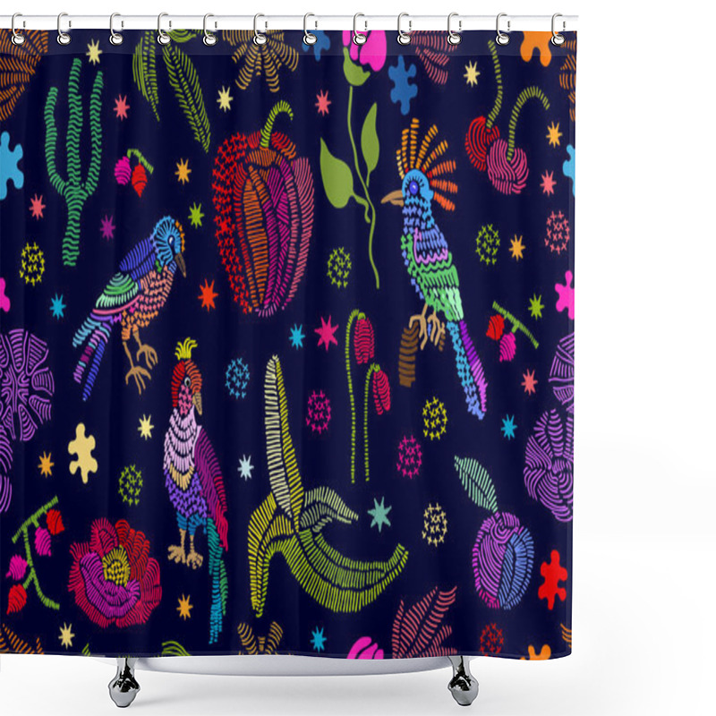 Personality  Floral Embroidery. Seamless Vector Pattern With Birds, Fruits And Flowers. Shower Curtains