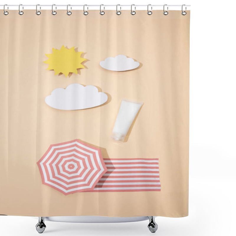 Personality  Top View Of Paper Cut Sun, Clouds, Beach Umbrella And Blanket With Tube Of Sunscreen On Beige Shower Curtains