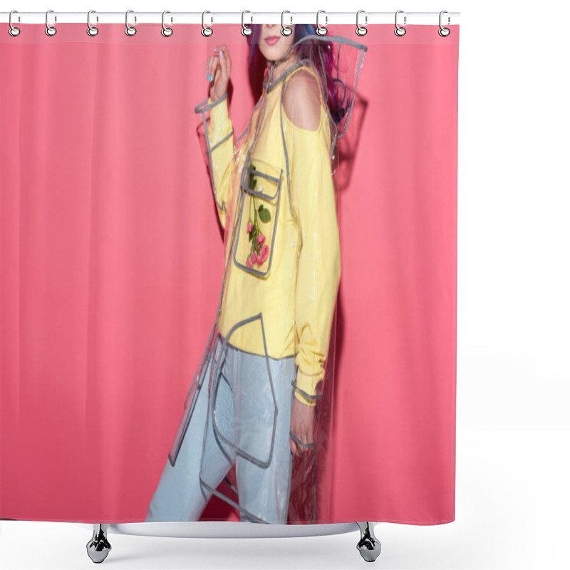 Personality  Cropped Shot Of Fashionable Young Woman In Transparent Raincoat On Red Shower Curtains