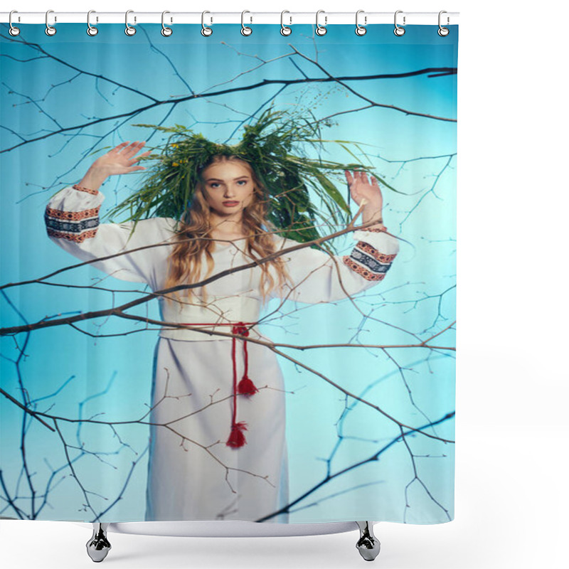 Personality  A Young Mavka, Draped In A Traditional Outfit Embellished With Ornate Details, Stands Gracefully In Front Of Intertwining Branches. Shower Curtains