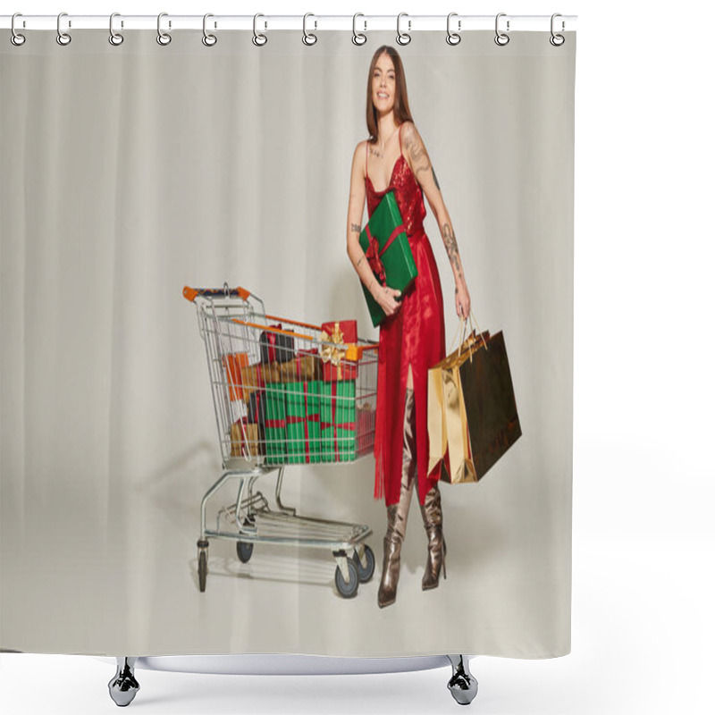 Personality  Joyful Woman In Red Dress Holding Present And Shopping Bags Near Shopping Cart Full Of Wrapped Gifts Shower Curtains