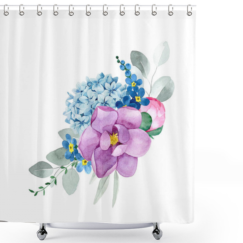 Personality  Watercolor Drawing. Bouquet, Composition With Flowers And Leaves Of Eucalyptus. Pink Peony Flowers, Roses, Blue Hydrangeas. Delicate Print, Vintage Decoration Shower Curtains