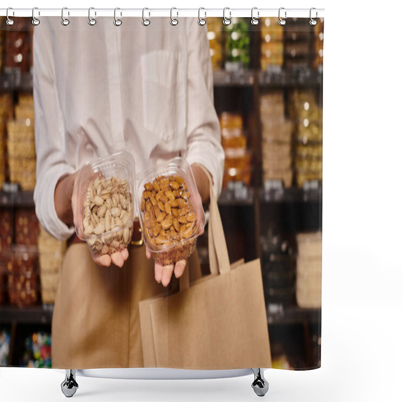 Personality  Cropped View Of Mature Joyous Woman Holding Almonds And Pistachios In Hands At Grocery Store Shower Curtains