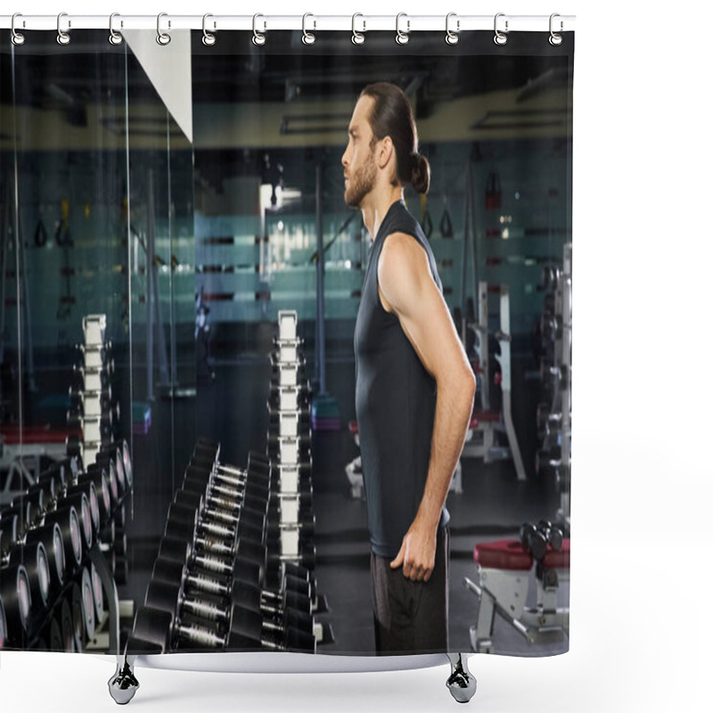 Personality  An Athletic Man In Active Wear Confidently Standing In Front Of A Rack Of Dumbbells, Preparing For A Workout Session. Shower Curtains