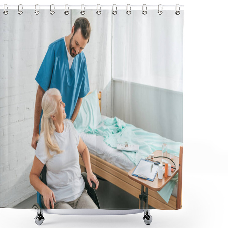 Personality  High Angle View Of Smiling Male Nurse Looking At Senior Woman In Wheelchair Shower Curtains