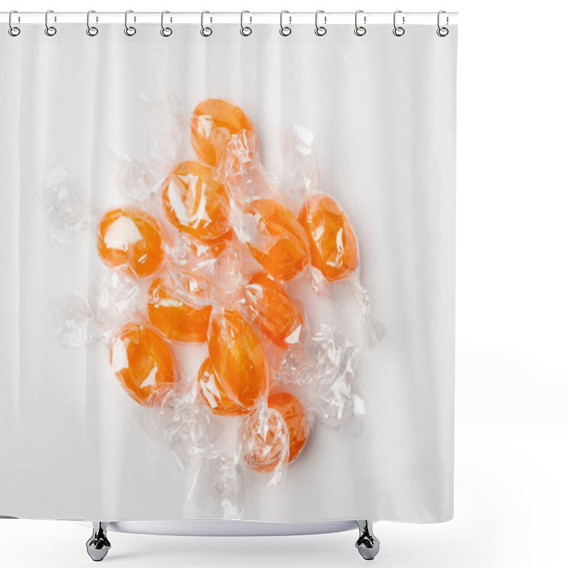 Personality  Orange Hard Candies Isolated. Scattered Lollipop Pile, Wrappers Fruit Confectionery Group, Round Sweets, Boiled Sugar Candies On White Background Top View Shower Curtains