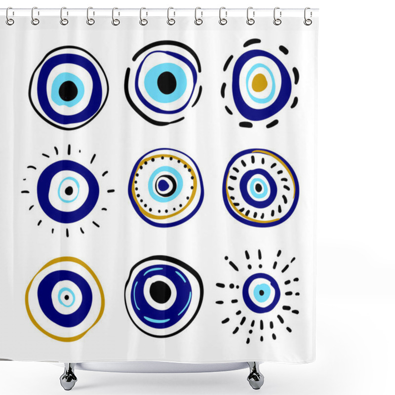 Personality  Greek Evil Eye Vector Symbol Of Protection. Amulet Icon. Turkish Nazar Boncugu Amulet Illustration. Believed That It Protects Against Evil Eye. Hand Drawn Collection. Set Of Blue Turkish Eyes  Shower Curtains