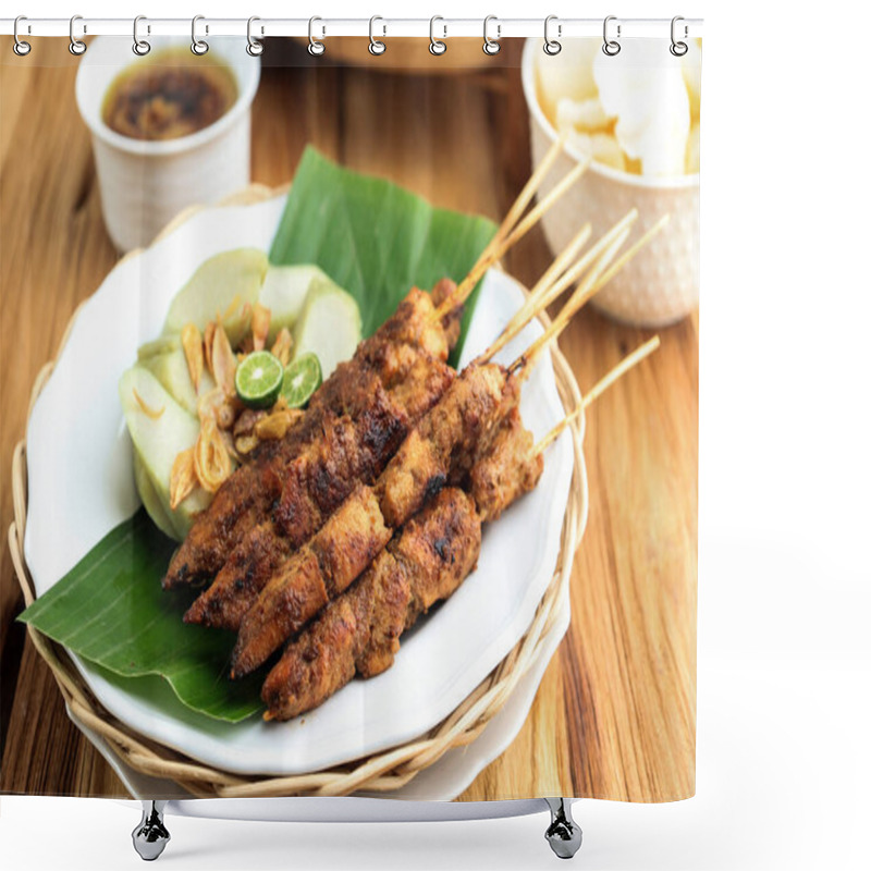 Personality  Close Up Sate Ayam Madura Served With Pressed Rice Cake Or Lontong, On Wooden Background  Shower Curtains