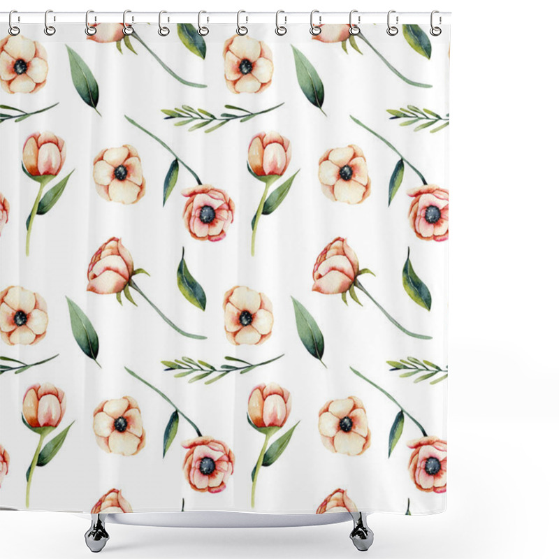 Personality  Watercolor Coral Anemone Flowers And Green Leaves Seamless Pattern, Hand Painted On A White Background Shower Curtains