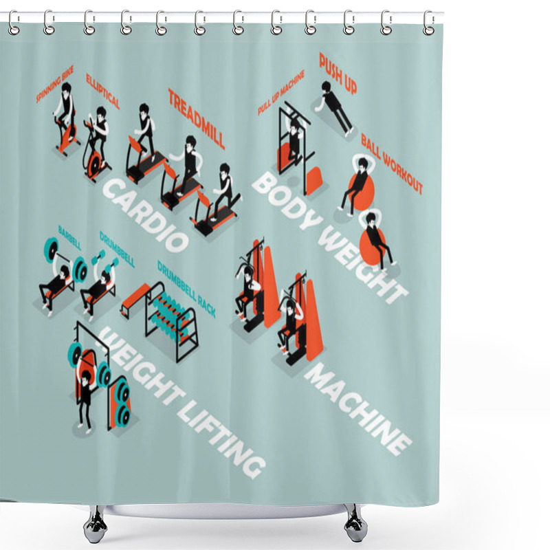 Personality  Beautiful Isometric Flat Design Of Info-graphic Workout In Gym, Info-graphic Workout Isometric Design Concept Shower Curtains