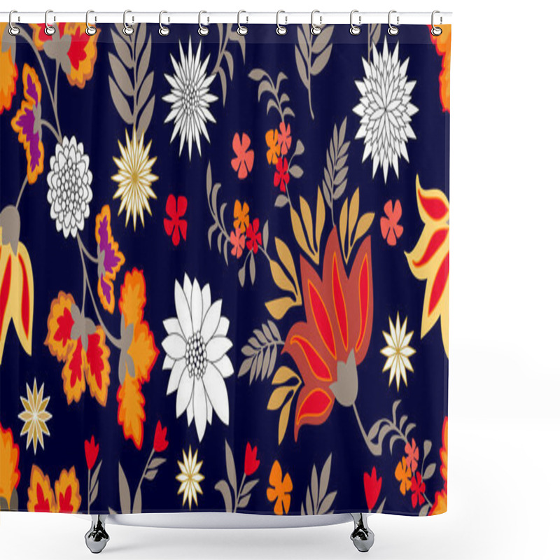 Personality  Colorful Fantasy Folk Art Style Flourish Border. Seamless Floral Pattern With Blooming Flowers And Grey Leaves.  Shower Curtains