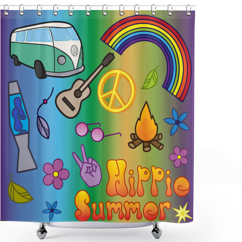 Personality  Drawings Of A Hippie Summer On A Rainbow Background Shower Curtains