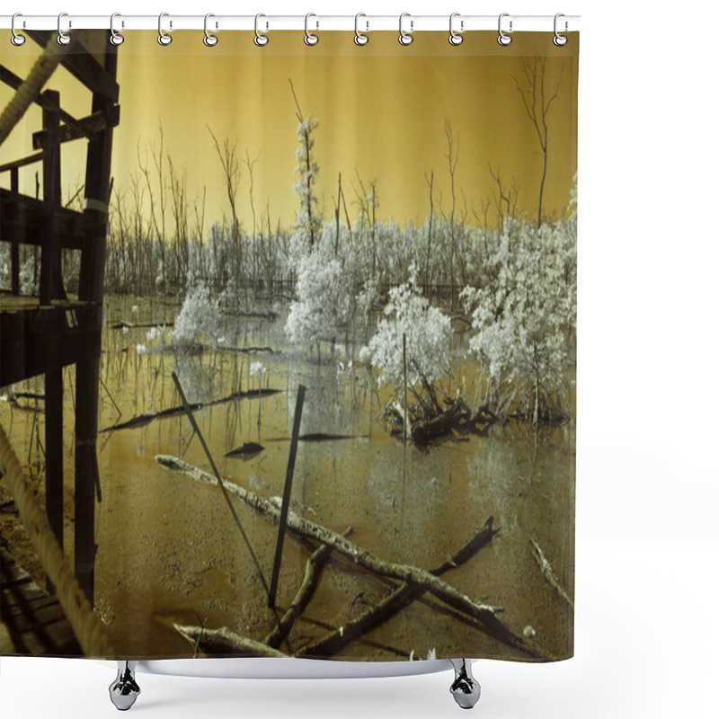 Personality  Infrared Photography, A Weathered Wooden Pier Extending Into A Mangrove Forest Shower Curtains