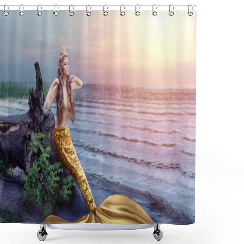 Personality  Fantasy Woman Real Mermaid With Trident Myth Goddess Of Sea With Golden Tail Sitting In Sunset On Rocks.. Gold Hair Crown Shells Pearls Jewelry. Mermaid Sitting On Shore. Fantasy Concept. Shower Curtains