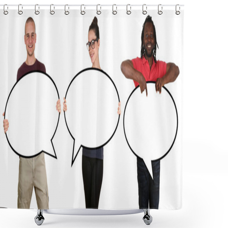 Personality  Happy People Man Woman Holding Empty Speech Bubbles With Copyspa Shower Curtains