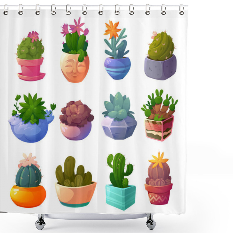 Personality  Set Cactus Home Plants In Flowerpots Icons Set Shower Curtains