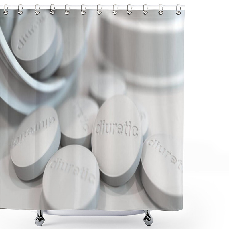 Personality  Close-up Shot Of Pills With Stamped DIURETIC Text On Them. 3D Rendering Shower Curtains