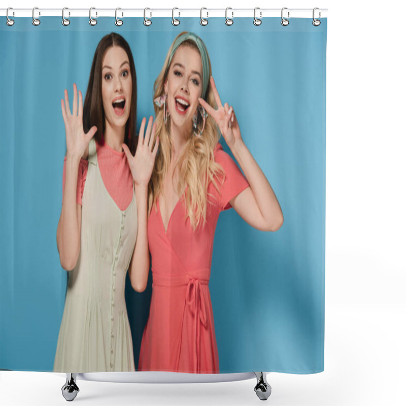 Personality  Smiling Brunette And Blonde Women In Elegant Dresses Showing Gestures  Shower Curtains