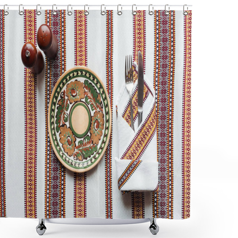 Personality  Top View Of Traditional Table Setting With Ornate Plate On Embroidered Tablecloth Shower Curtains