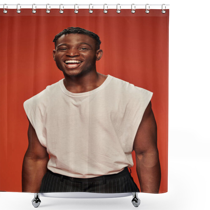 Personality  Young Excited African American Male Model In White Tank Top Laughing And Looking At Camera On Red Shower Curtains