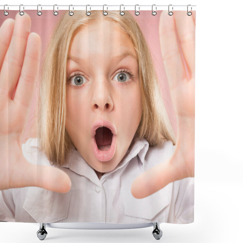 Personality  Beautiful Teen Girl Looking Suprised Isolated On Pink Shower Curtains