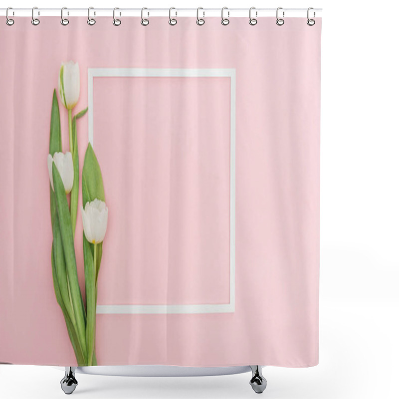 Personality  Empty Frame With White Tulip Flowers Isolated On Pink Shower Curtains