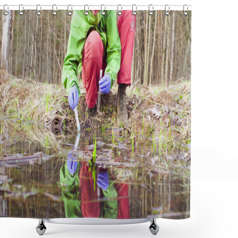 Personality  Scientist Ecologist In The Forest Taking Samples Of Water Shower Curtains