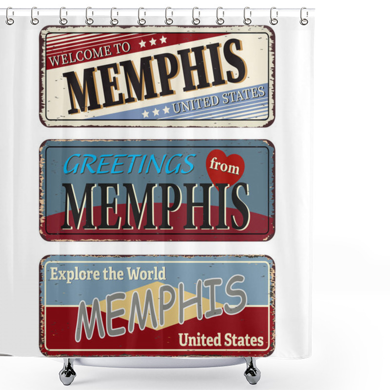 Personality  Memphis Retro Souvenirs Or Old Paper Postcard Templates On Rust Background. States Of America Shower Curtains