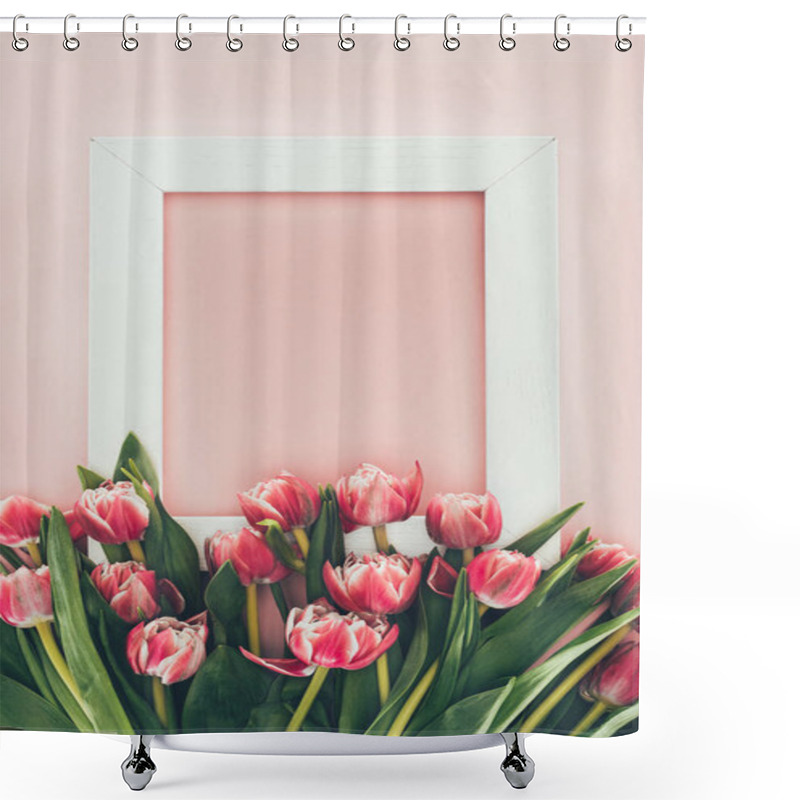 Personality  Bouquet Of Beautiful Pink Tulips With Green Leaves And Empty White Frame On Pink    Shower Curtains