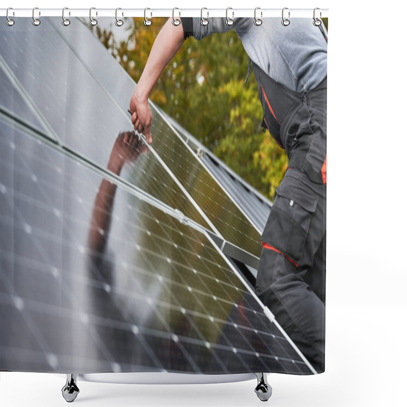 Personality  Man Technician Mounting Photovoltaic Solar Panels On Roof Of House. Close Up View Of Engineer Installing Solar Module System With Help Of Hex Key. Concept Of Alternative, Renewable Energy. Shower Curtains