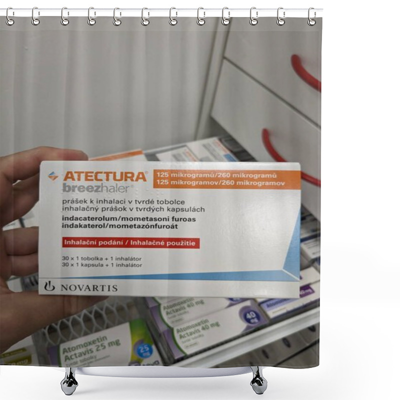 Personality  Prague,Czech Republic-August 7 2024: ATECTURA Box Of Medication With INDACATEROL And MOMETASONE Active Substances By NOVARTIS,used For Treatment Of Asthma,COPD Shower Curtains