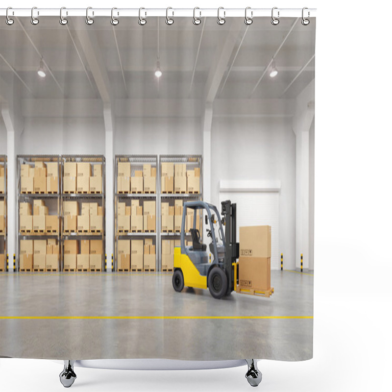 Personality  Forklift Truck In Warehouse. 3d Illustration. Shower Curtains