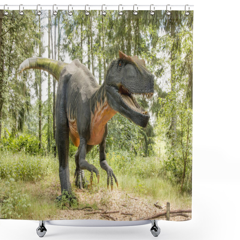 Personality  Giveskud, Denmark - 16 Juli 2019: Allosaurus Was The Apex Predator Of Its Age. Dinosaurs By Nature Believe Sizes As They Were When They Were Alive. Shower Curtains