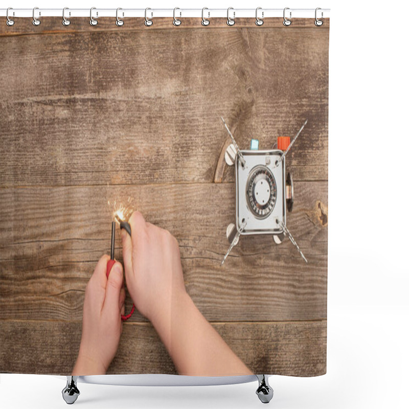 Personality  Partial View Of Man Lighting Spark Near Gas Burner On Wooden Table Shower Curtains