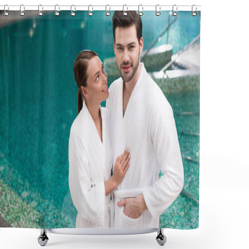 Personality  Young Couple In Bathrobes Standing Near Pool In Spa Center Shower Curtains