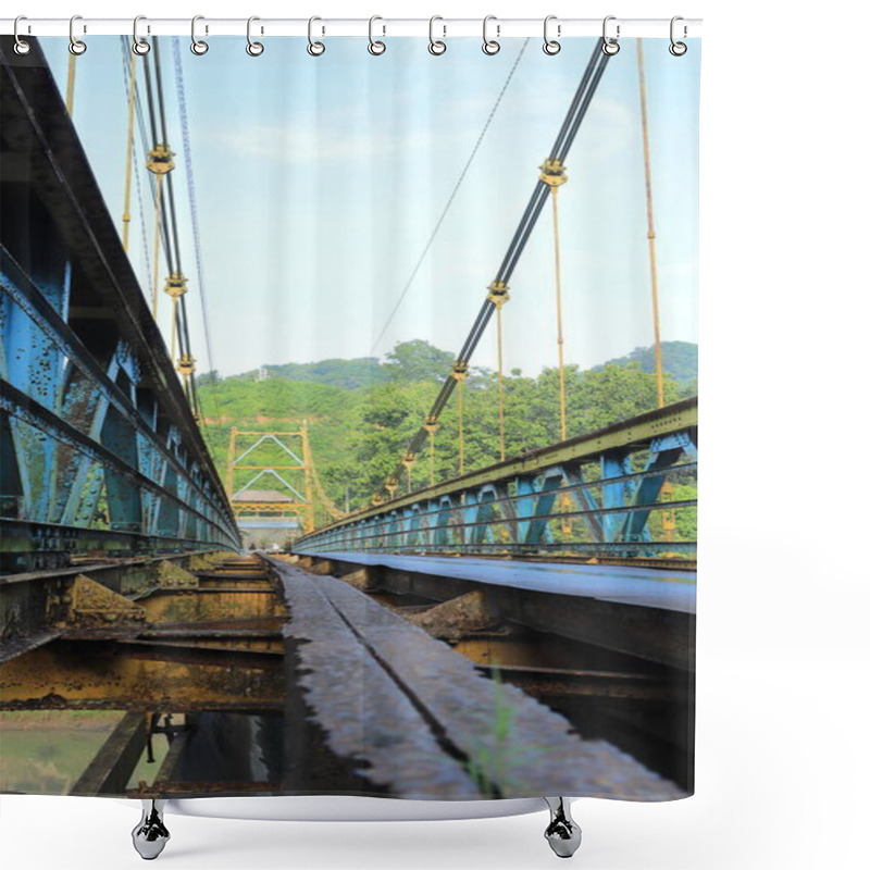 Personality  Exploring An Old Suspension Bridge:  Rust, Steel, Cables, And Greenery With A Blue Sky Above Shower Curtains