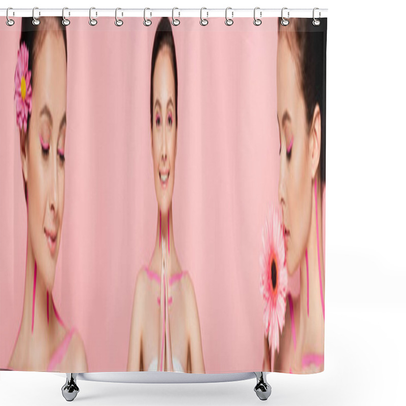 Personality  Collage Of Happy Naked Beautiful Woman With Pink Lines On Body And Flowers Isolated On Pink, Panoramic Shot Shower Curtains