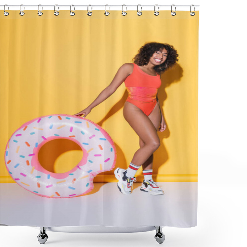 Personality  Full Length Of African American Woman In Swimwear And Sneakers Near Swim Ring On Yellow Background Shower Curtains