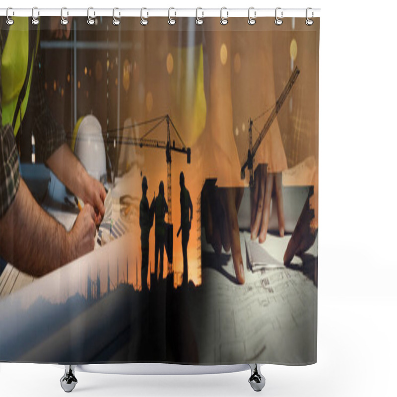 Personality  Double Exposure Of Civil Engineer Silhouette At Construction Site With Building Designer Working And Meeting At Night In Banner Site Shower Curtains