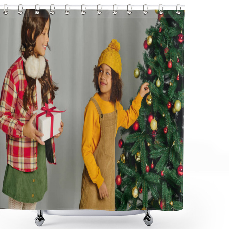 Personality  Two Kids Filled With Excitement, Preparing A Christmas Tree And Sharing Festive Cheer Together. Shower Curtains