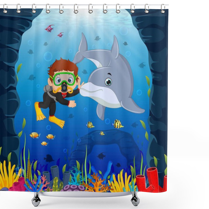 Personality  Cartoon Boy Diving In The Sea With Dolphin Shower Curtains