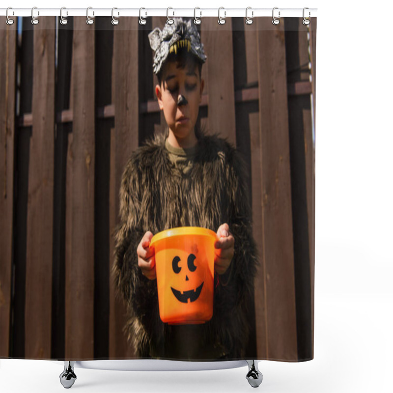 Personality  Offended Asian Boy In Werewolf Costume Looking Into Empty Halloween Bucket Shower Curtains