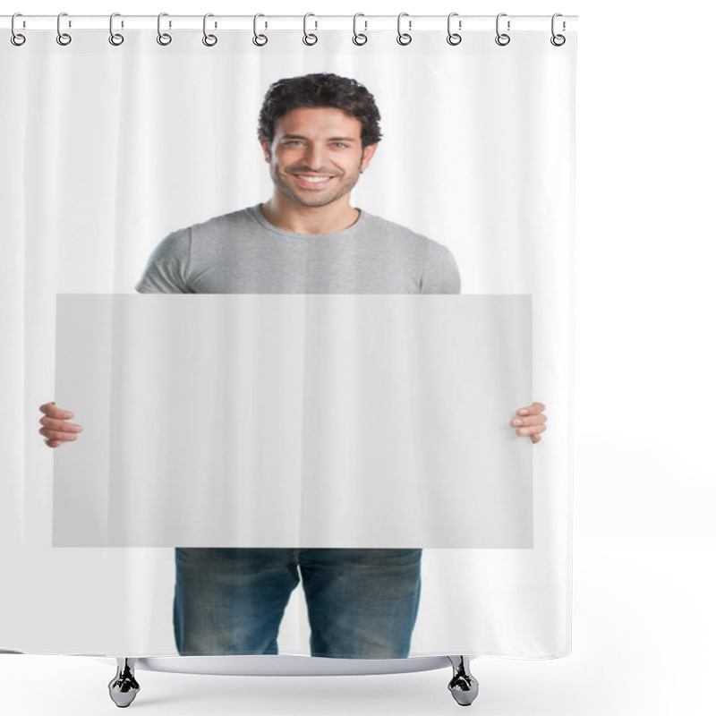 Personality  Smiling Guy With Sign Shower Curtains