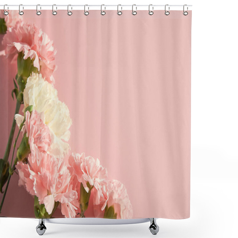 Personality  Top View Of Blooming Carnations On Pink Background Shower Curtains