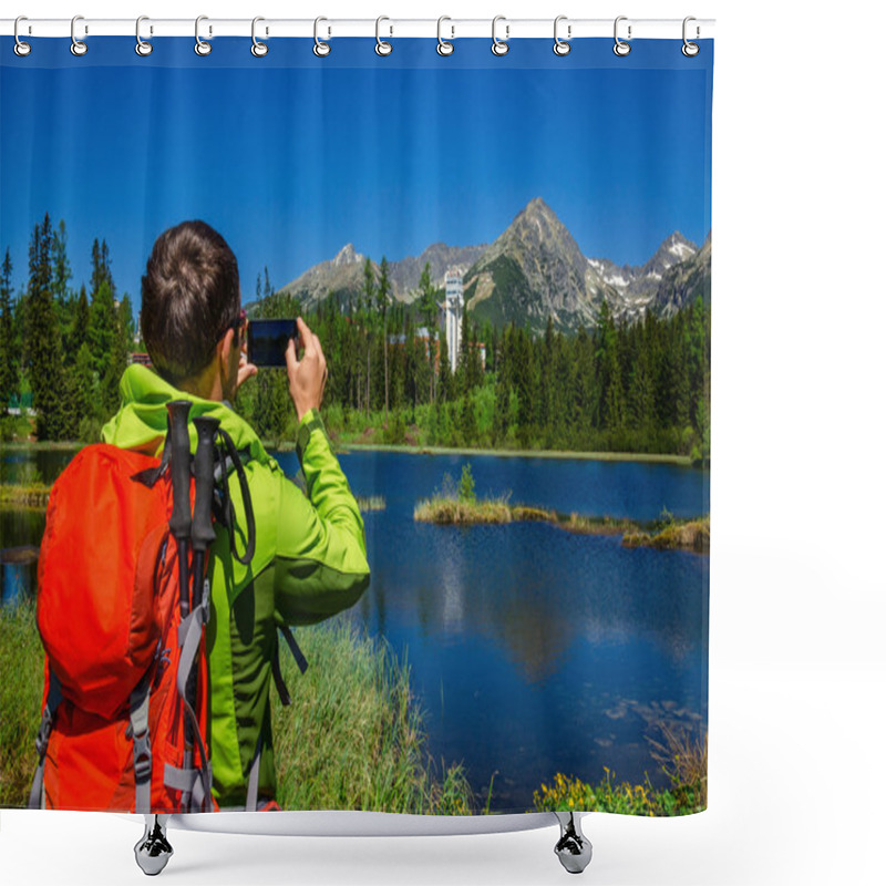 Personality  Man Takes Picture Of Mountains And Lake Shower Curtains