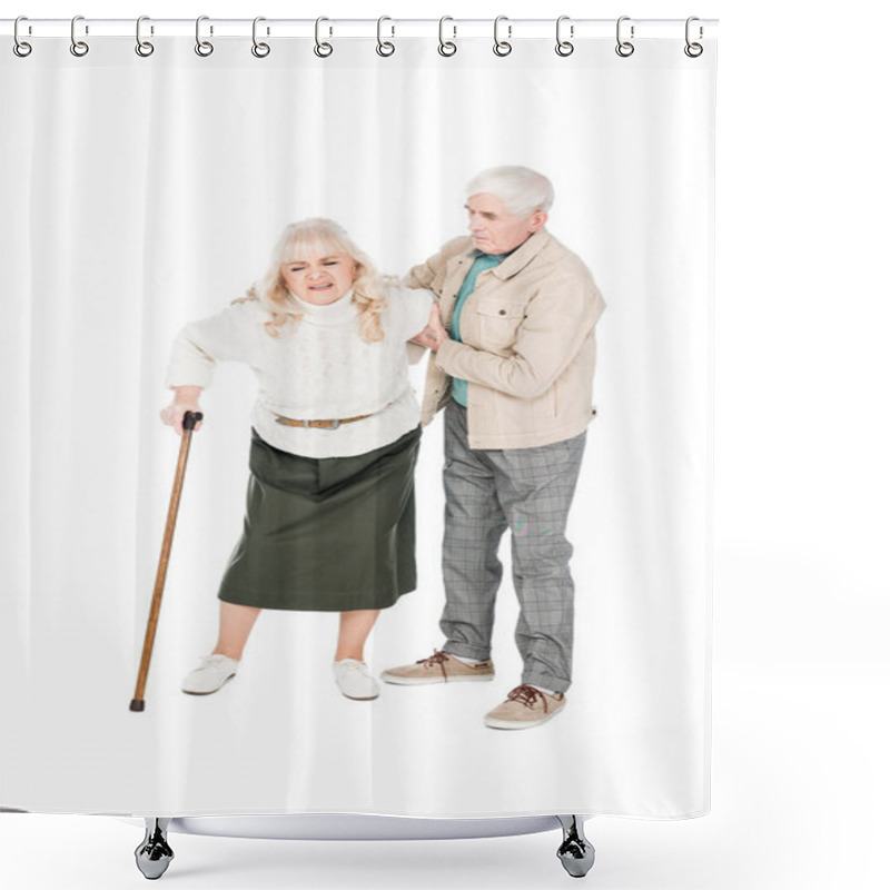 Personality  Senior Woman Holding Back While Having Arthritis Pain And Standing With Caring Husband Isolated On White Shower Curtains