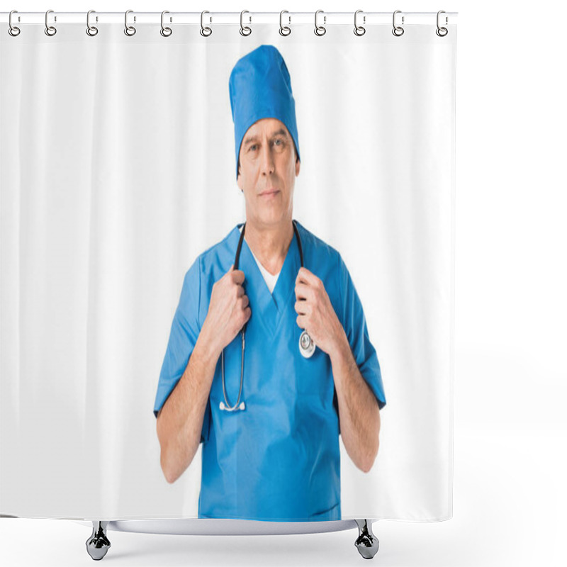 Personality  Male Doctor In Uniform Holding Stethoscope Isolated On White Shower Curtains