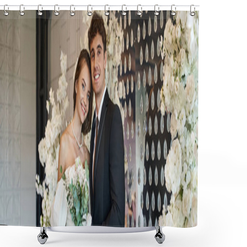 Personality  Happy And Elegant Newlyweds Smiling At Camera In Wedding Hall Decorated With White Flowers, Banner Shower Curtains